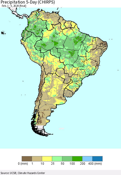 South America Precipitation 5-Day (CHIRPS) Thematic Map For 2/1/2024 - 2/5/2024