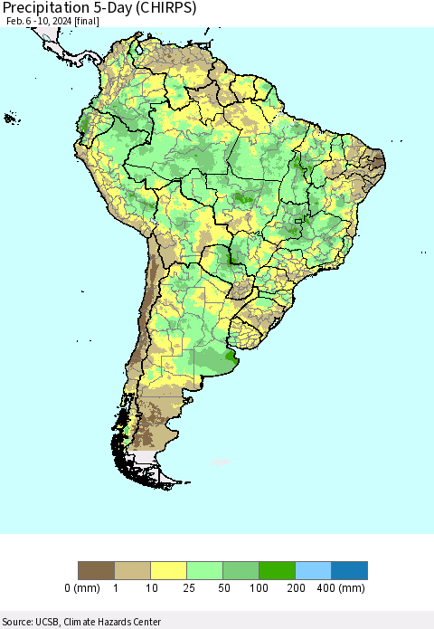 South America Precipitation 5-Day (CHIRPS) Thematic Map For 2/6/2024 - 2/10/2024