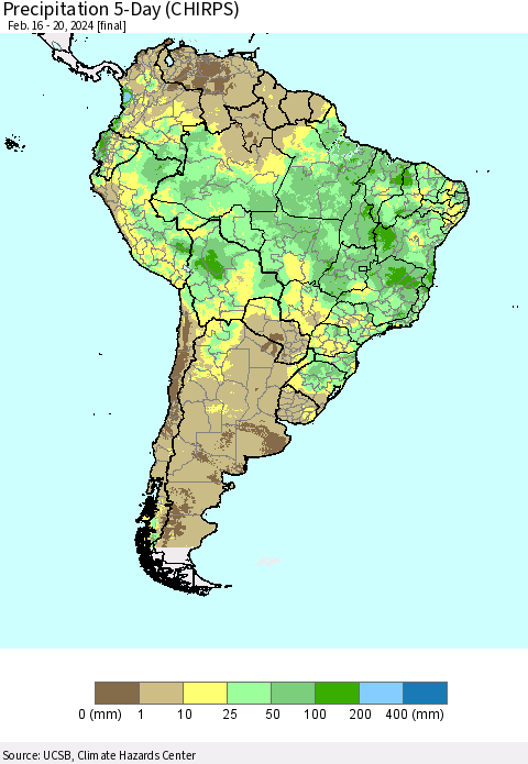 South America Precipitation 5-Day (CHIRPS) Thematic Map For 2/16/2024 - 2/20/2024