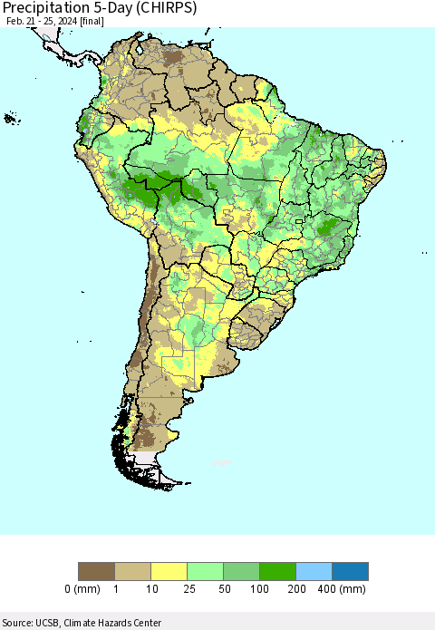 South America Precipitation 5-Day (CHIRPS) Thematic Map For 2/21/2024 - 2/25/2024