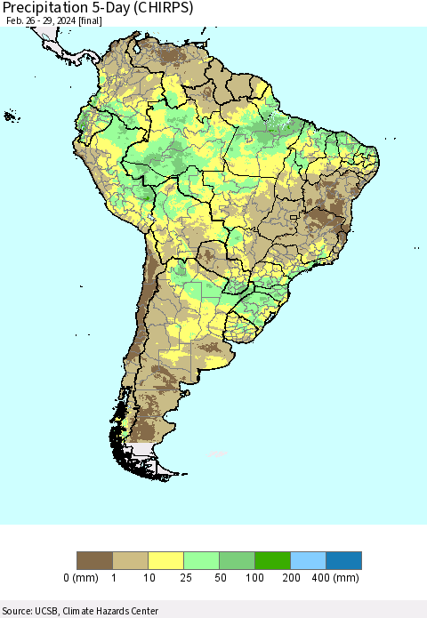 South America Precipitation 5-Day (CHIRPS) Thematic Map For 2/26/2024 - 2/29/2024