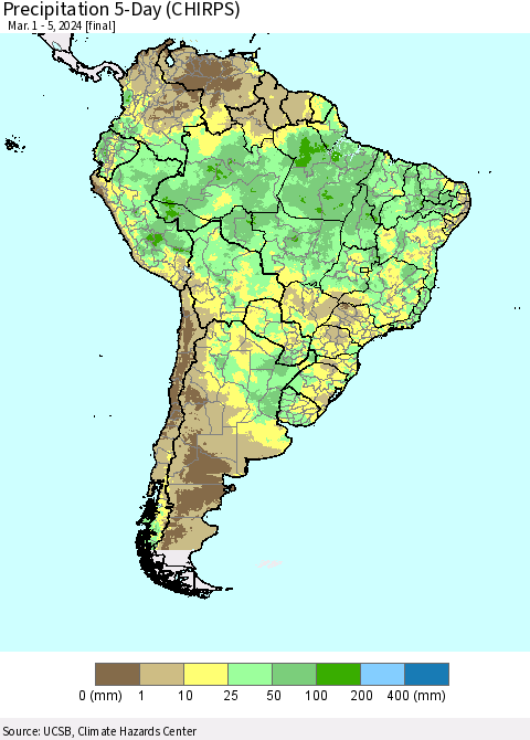 South America Precipitation 5-Day (CHIRPS) Thematic Map For 3/1/2024 - 3/5/2024