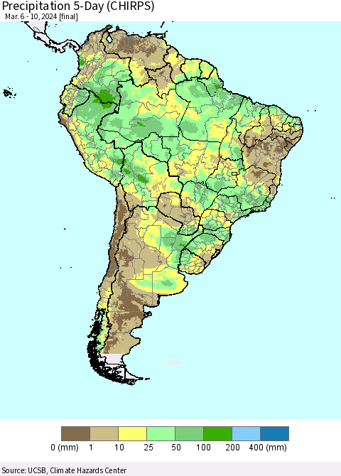 South America Precipitation 5-Day (CHIRPS) Thematic Map For 3/6/2024 - 3/10/2024