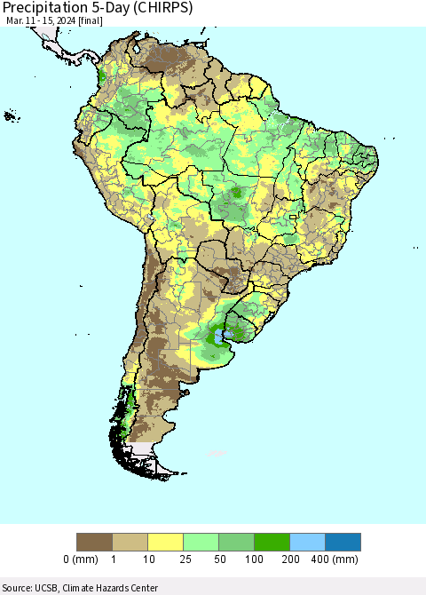 South America Precipitation 5-Day (CHIRPS) Thematic Map For 3/11/2024 - 3/15/2024