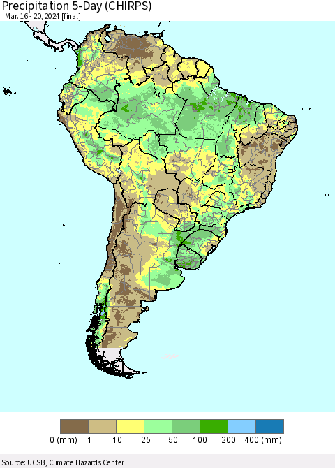 South America Precipitation 5-Day (CHIRPS) Thematic Map For 3/16/2024 - 3/20/2024