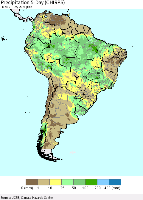 South America Precipitation 5-Day (CHIRPS) Thematic Map For 3/21/2024 - 3/25/2024