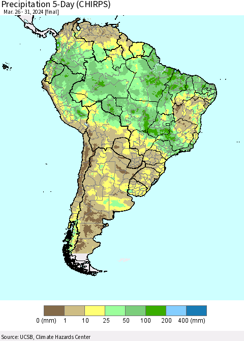 South America Precipitation 5-Day (CHIRPS) Thematic Map For 3/26/2024 - 3/31/2024