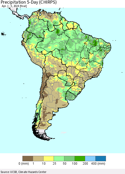 South America Precipitation 5-Day (CHIRPS) Thematic Map For 4/1/2024 - 4/5/2024