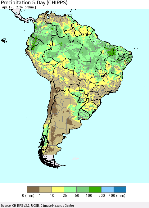 South America Precipitation 5-Day (CHIRPS) Thematic Map For 4/1/2024 - 4/5/2024