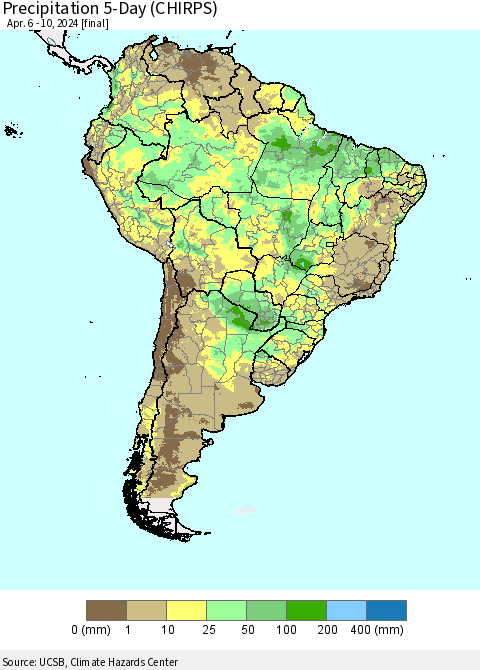South America Precipitation 5-Day (CHIRPS) Thematic Map For 4/6/2024 - 4/10/2024