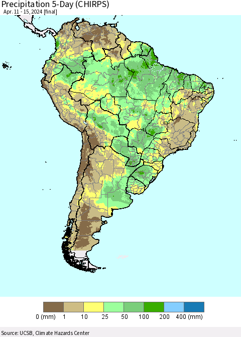 South America Precipitation 5-Day (CHIRPS) Thematic Map For 4/11/2024 - 4/15/2024