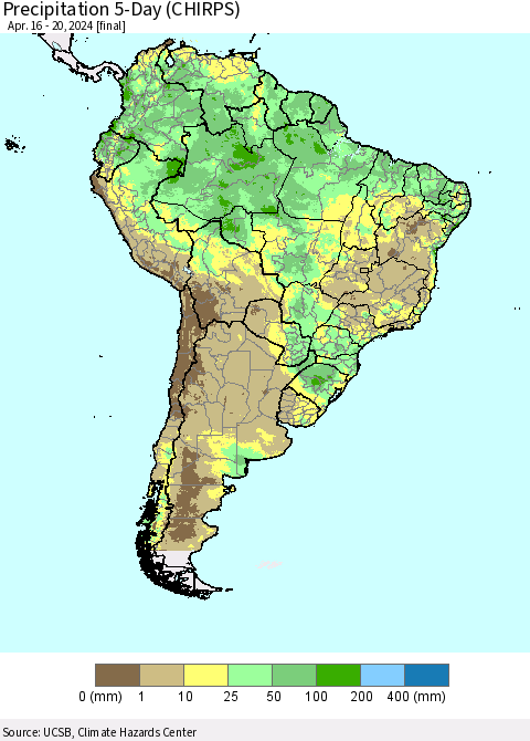 South America Precipitation 5-Day (CHIRPS) Thematic Map For 4/16/2024 - 4/20/2024