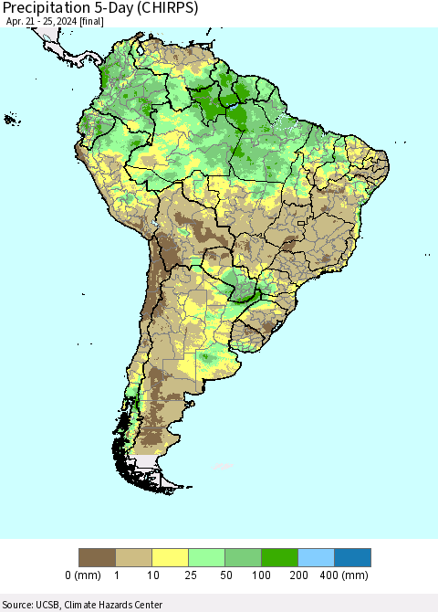 South America Precipitation 5-Day (CHIRPS) Thematic Map For 4/21/2024 - 4/25/2024