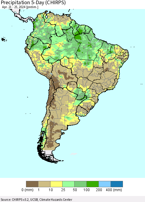 South America Precipitation 5-Day (CHIRPS) Thematic Map For 4/21/2024 - 4/25/2024