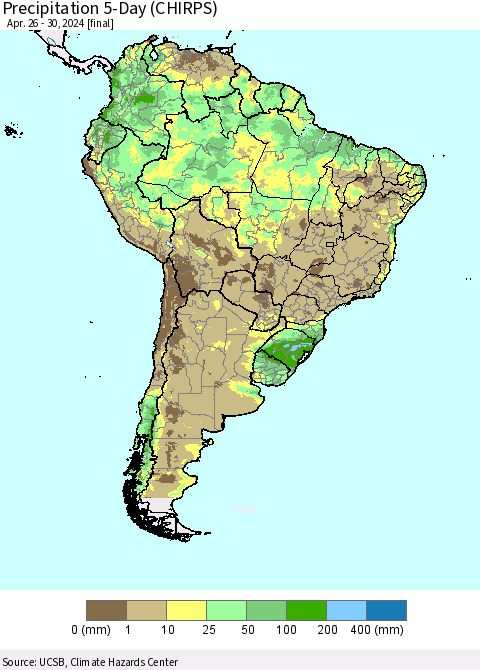 South America Precipitation 5-Day (CHIRPS) Thematic Map For 4/26/2024 - 4/30/2024