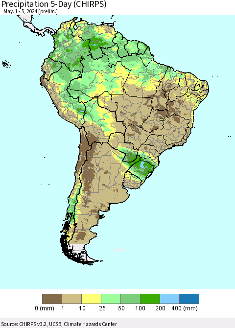 South America Precipitation 5-Day (CHIRPS) Thematic Map For 5/1/2024 - 5/5/2024