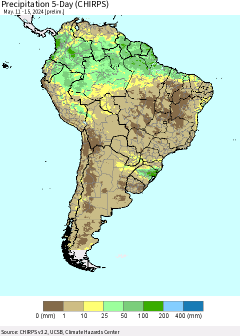 South America Precipitation 5-Day (CHIRPS) Thematic Map For 5/11/2024 - 5/15/2024