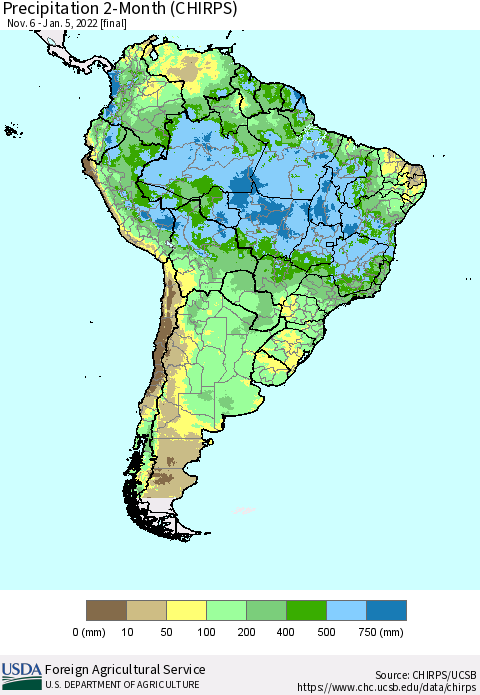 South America Precipitation 2-Month (CHIRPS) Thematic Map For 11/6/2021 - 1/5/2022
