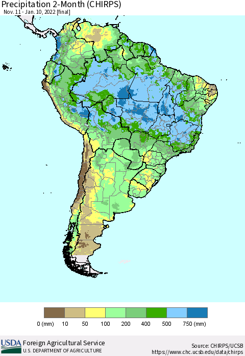 South America Precipitation 2-Month (CHIRPS) Thematic Map For 11/11/2021 - 1/10/2022