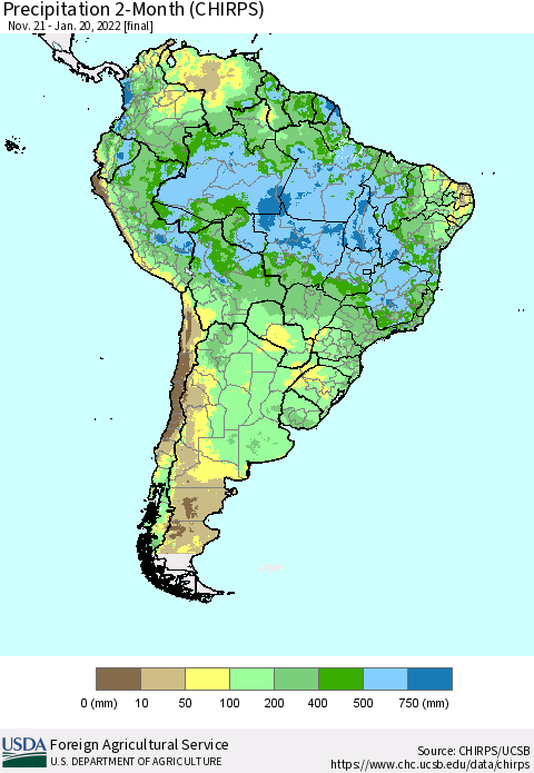 South America Precipitation 2-Month (CHIRPS) Thematic Map For 11/21/2021 - 1/20/2022