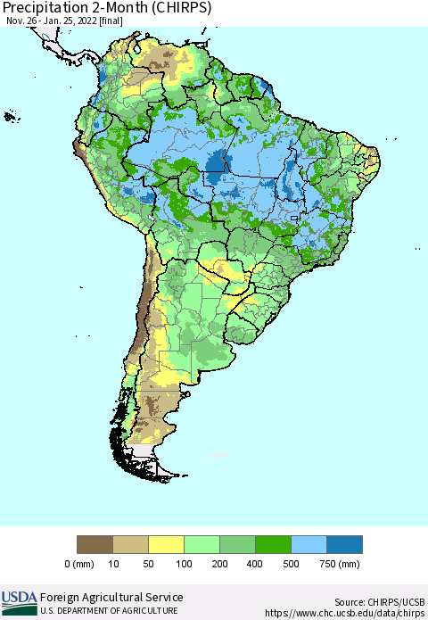 South America Precipitation 2-Month (CHIRPS) Thematic Map For 11/26/2021 - 1/25/2022
