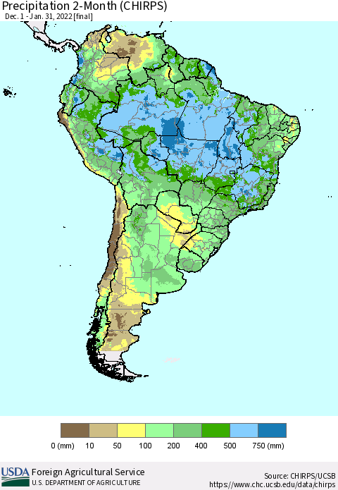 South America Precipitation 2-Month (CHIRPS) Thematic Map For 12/1/2021 - 1/31/2022