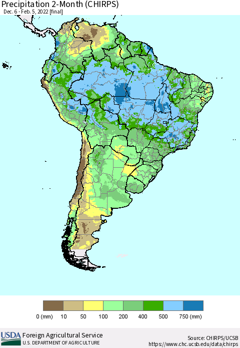 South America Precipitation 2-Month (CHIRPS) Thematic Map For 12/6/2021 - 2/5/2022