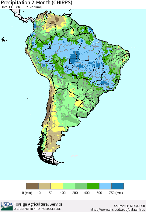South America Precipitation 2-Month (CHIRPS) Thematic Map For 12/11/2021 - 2/10/2022