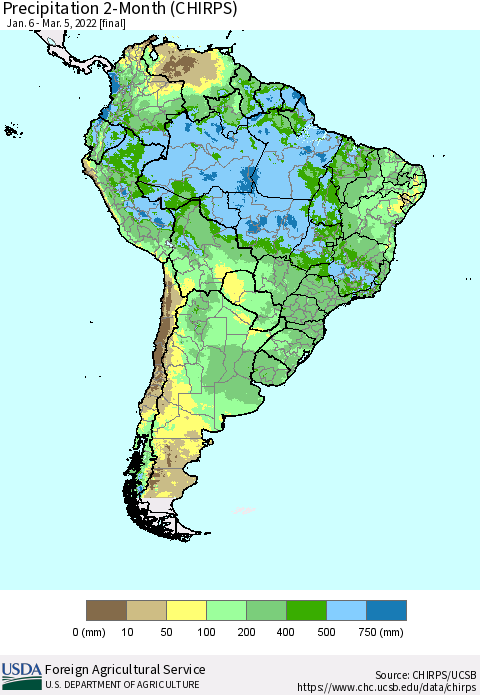 South America Precipitation 2-Month (CHIRPS) Thematic Map For 1/6/2022 - 3/5/2022