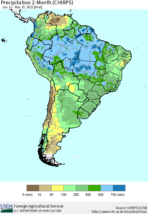 South America Precipitation 2-Month (CHIRPS) Thematic Map For 1/11/2022 - 3/10/2022