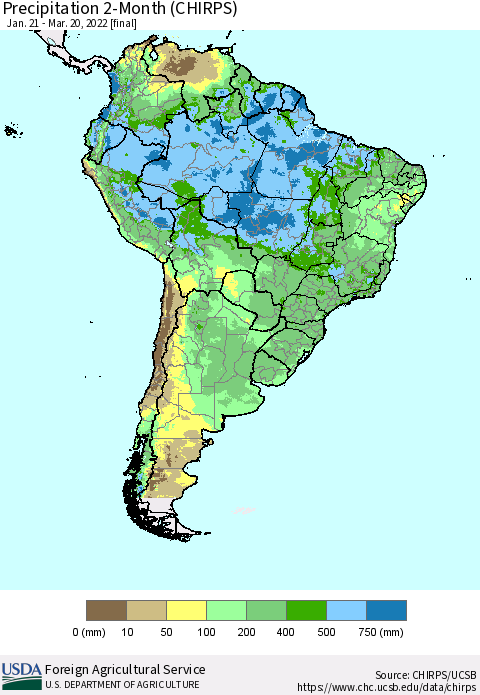 South America Precipitation 2-Month (CHIRPS) Thematic Map For 1/21/2022 - 3/20/2022