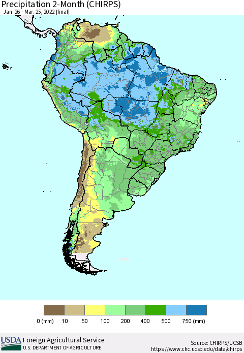 South America Precipitation 2-Month (CHIRPS) Thematic Map For 1/26/2022 - 3/25/2022