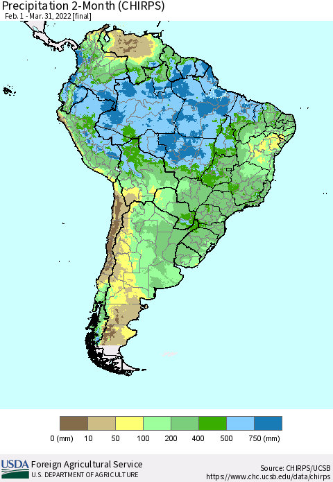 South America Precipitation 2-Month (CHIRPS) Thematic Map For 2/1/2022 - 3/31/2022