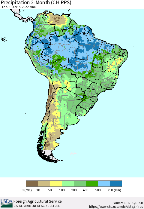 South America Precipitation 2-Month (CHIRPS) Thematic Map For 2/6/2022 - 4/5/2022