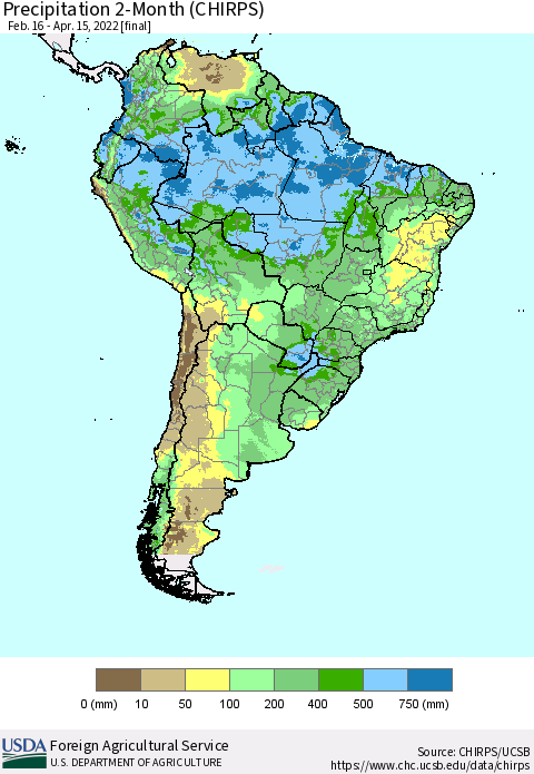 South America Precipitation 2-Month (CHIRPS) Thematic Map For 2/16/2022 - 4/15/2022