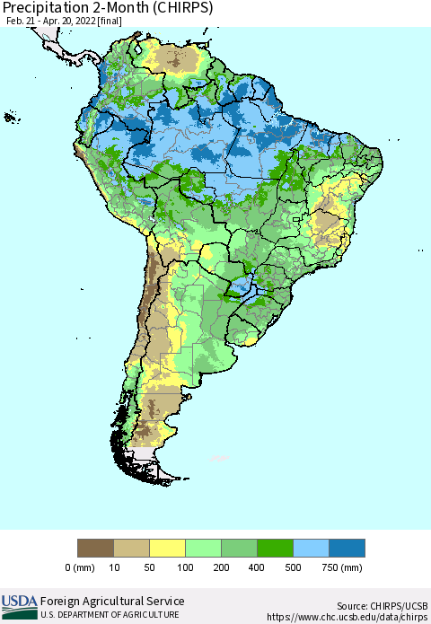 South America Precipitation 2-Month (CHIRPS) Thematic Map For 2/21/2022 - 4/20/2022