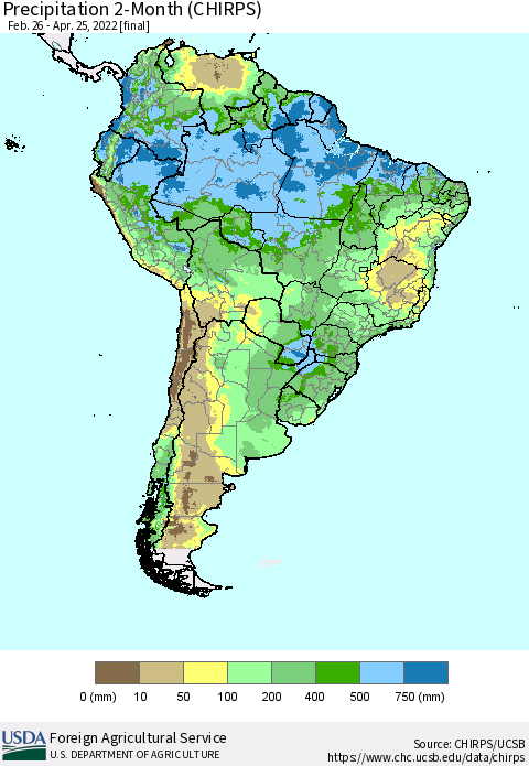 South America Precipitation 2-Month (CHIRPS) Thematic Map For 2/26/2022 - 4/25/2022
