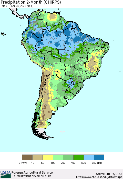 South America Precipitation 2-Month (CHIRPS) Thematic Map For 3/1/2022 - 4/30/2022