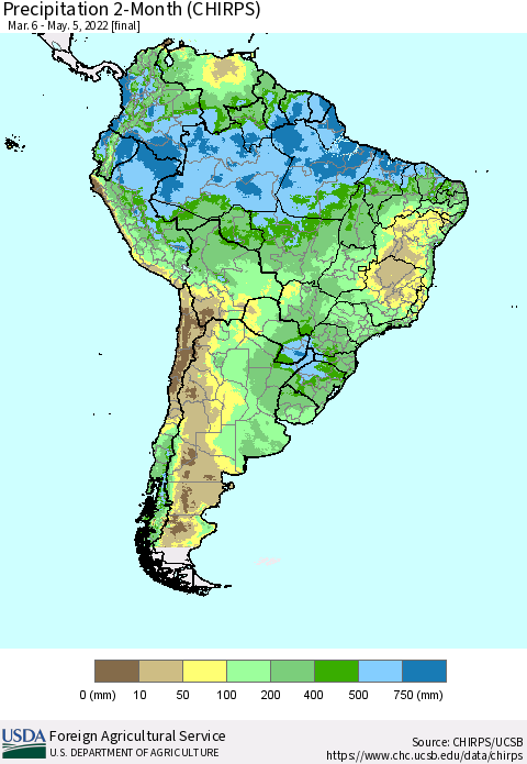 South America Precipitation 2-Month (CHIRPS) Thematic Map For 3/6/2022 - 5/5/2022