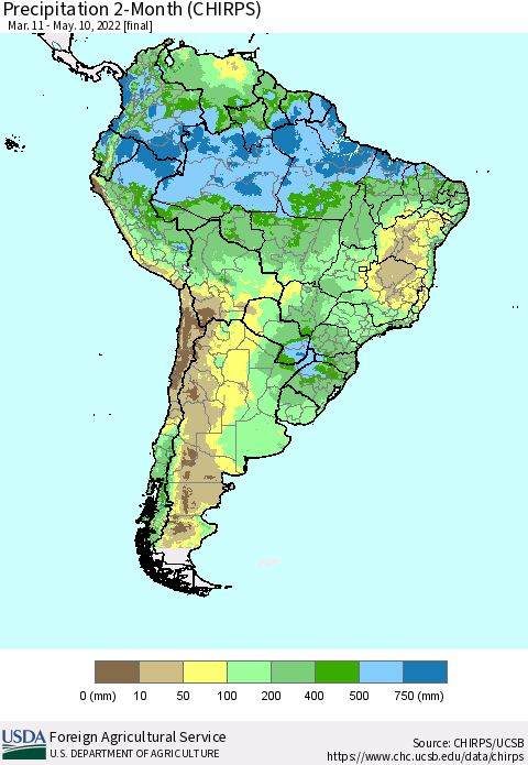 South America Precipitation 2-Month (CHIRPS) Thematic Map For 3/11/2022 - 5/10/2022
