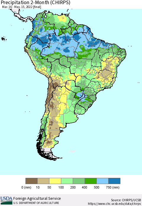 South America Precipitation 2-Month (CHIRPS) Thematic Map For 3/16/2022 - 5/15/2022