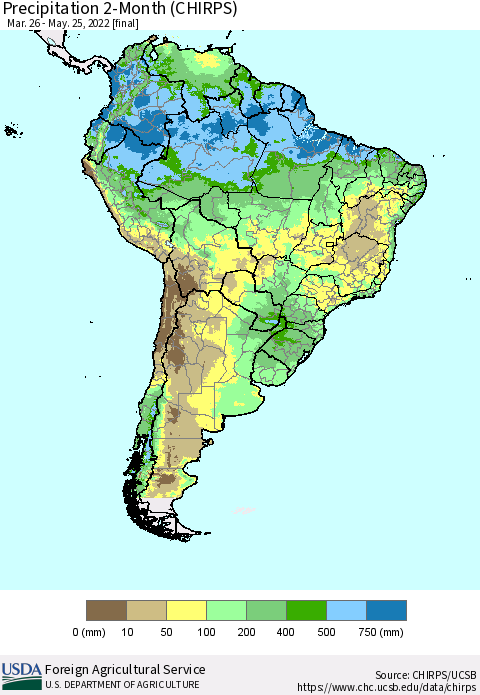 South America Precipitation 2-Month (CHIRPS) Thematic Map For 3/26/2022 - 5/25/2022