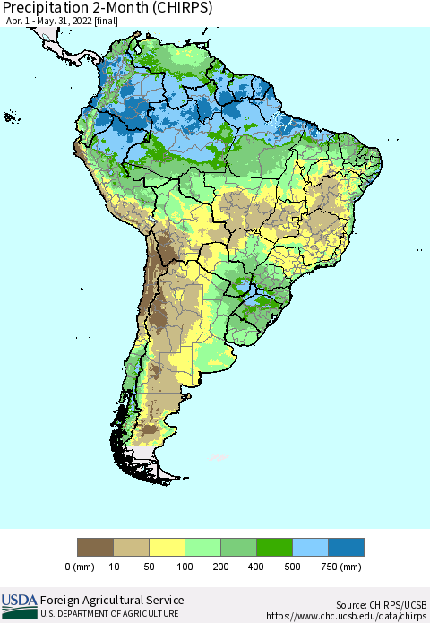 South America Precipitation 2-Month (CHIRPS) Thematic Map For 4/1/2022 - 5/31/2022