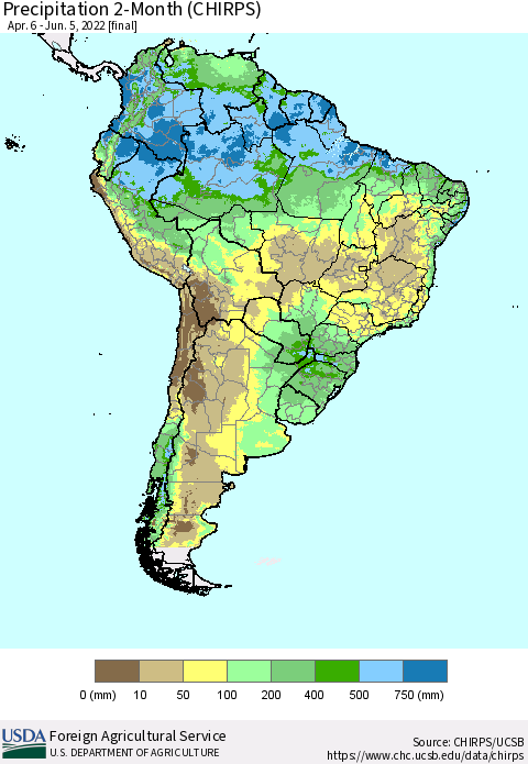 South America Precipitation 2-Month (CHIRPS) Thematic Map For 4/6/2022 - 6/5/2022