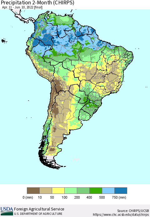 South America Precipitation 2-Month (CHIRPS) Thematic Map For 4/11/2022 - 6/10/2022