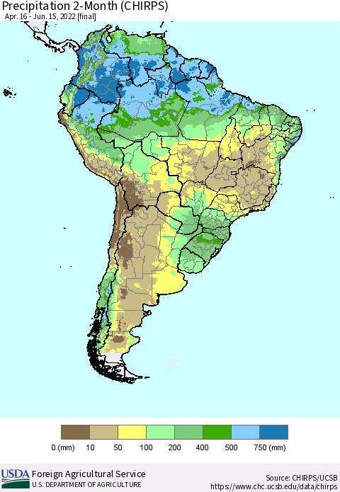 South America Precipitation 2-Month (CHIRPS) Thematic Map For 4/16/2022 - 6/15/2022