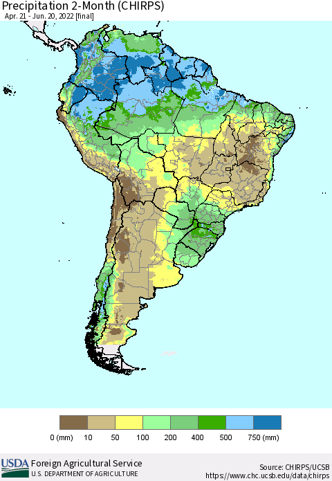 South America Precipitation 2-Month (CHIRPS) Thematic Map For 4/21/2022 - 6/20/2022