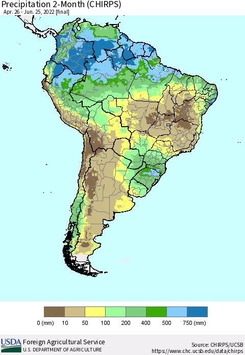 South America Precipitation 2-Month (CHIRPS) Thematic Map For 4/26/2022 - 6/25/2022