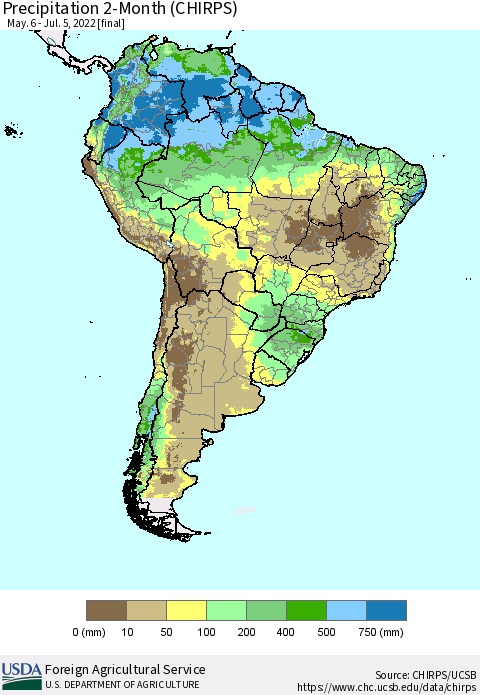 South America Precipitation 2-Month (CHIRPS) Thematic Map For 5/6/2022 - 7/5/2022