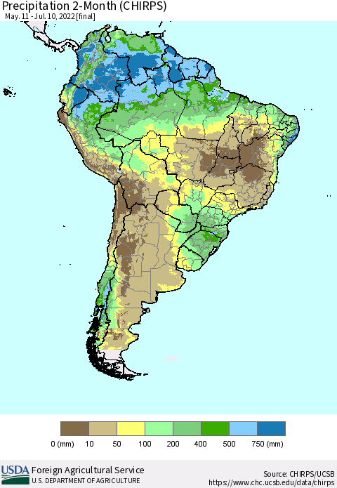 South America Precipitation 2-Month (CHIRPS) Thematic Map For 5/11/2022 - 7/10/2022